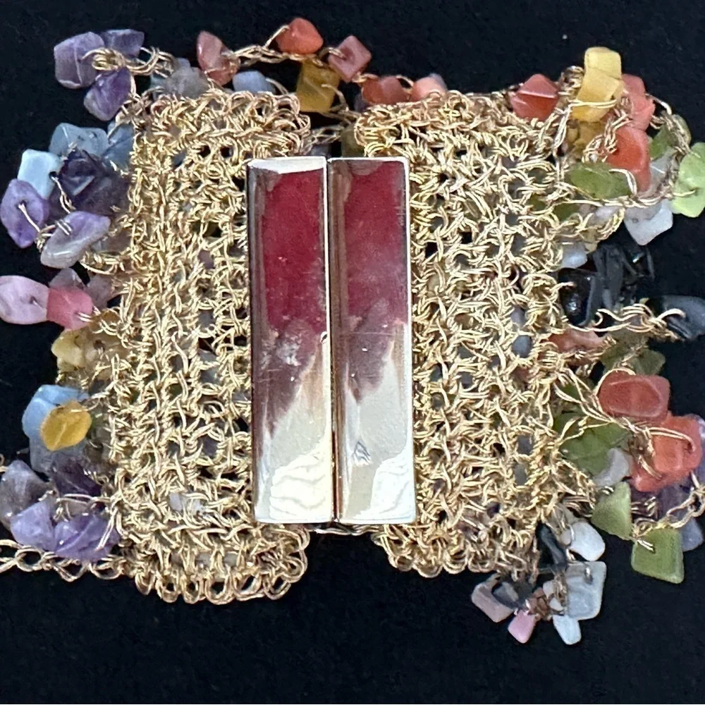 SALE: Bracelet Multi-colored natural stones strung on gold woven wire. 4” wide